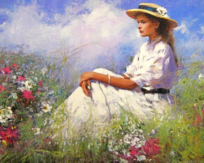 Victorian woman sitting on grass with flowers painting by numbers.jpeg
