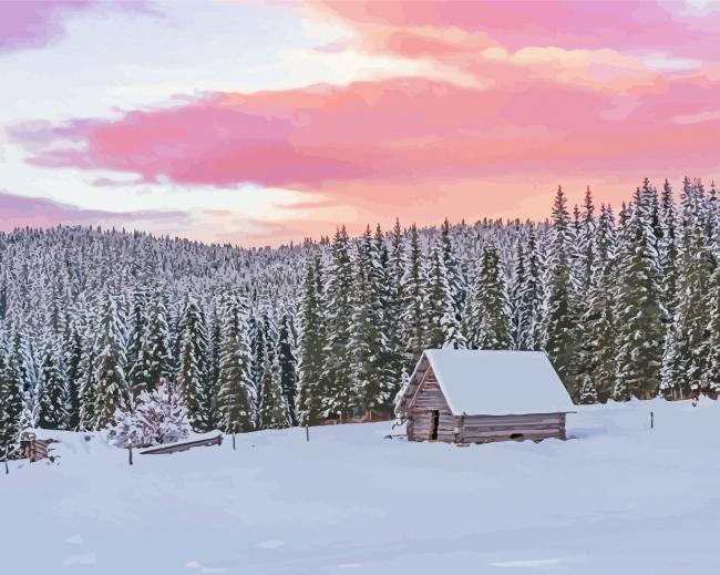 Wooden cottages in the winter forest at sunset painting by numbers.jpeg