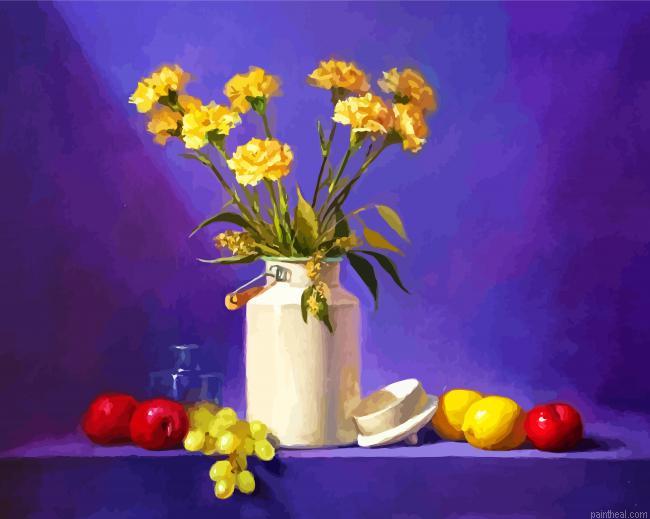 Yellow carnations vase and fruits painting by numbers.jpeg