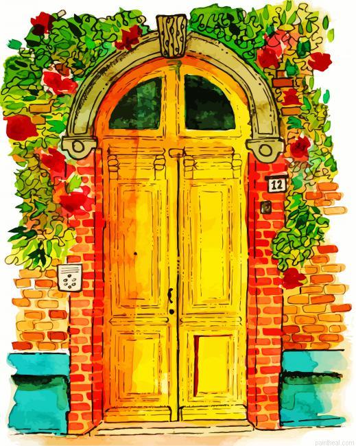 Yellow door with flowers painting by numbers.jpeg