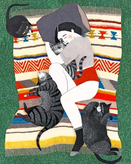Girl sleeping with her pets illustrations painting by numbers.jpeg