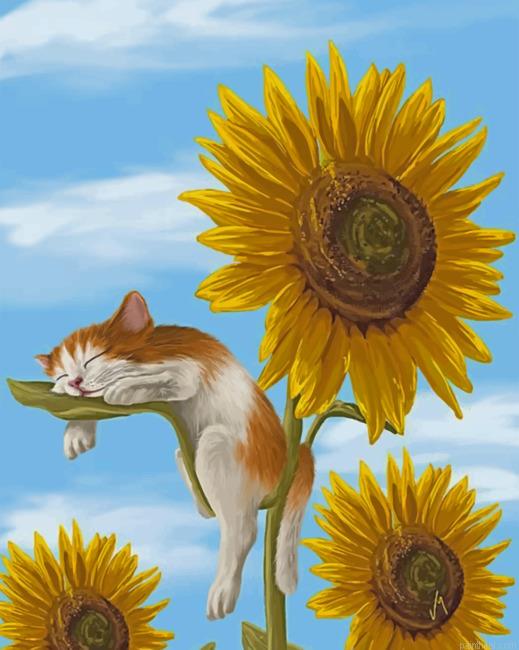 Sleepy cat and sunflowers painting by numbers.jpeg